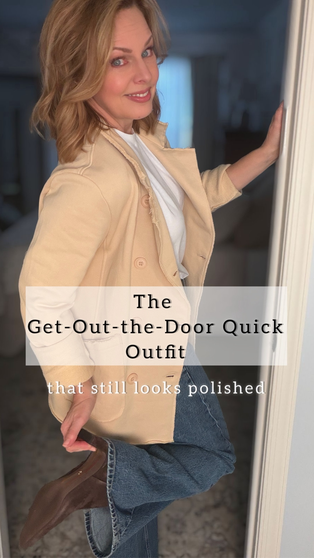 This outfit never lets me down—travel, errands, meetings, all of it.

I call this my “leave in 5 minutes but still look chic” uniform. The knit blazer is shockingly good—like double-take good—and under $60. I’ll show you the designer one (over $300) it reminds me of, too. I’m wearing a small. 