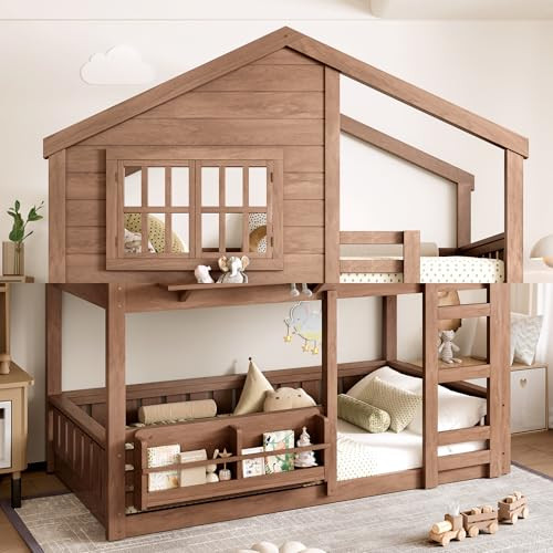 Harper & Bright Designs Twin Size House Bunk Bed with Bookshelf, Window and Roof, Solid Wood Floor Bunk Beds with Fence, Ladder and Guardrail, Space Saving for Boys and Girls, Natural | Amazon (US)