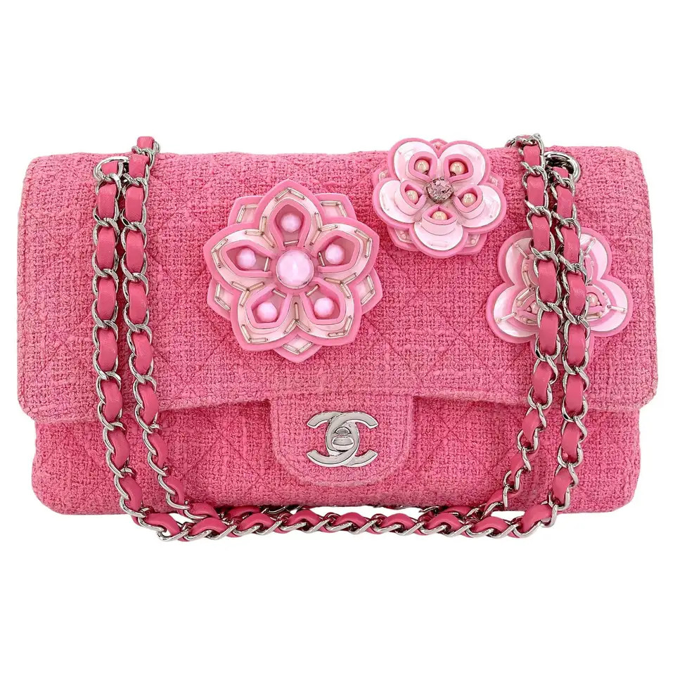 Chanel Pink Tweed Crystal Sakura Flower Classic Flap Bag Silicone SHW 68348 | 1stDibs
