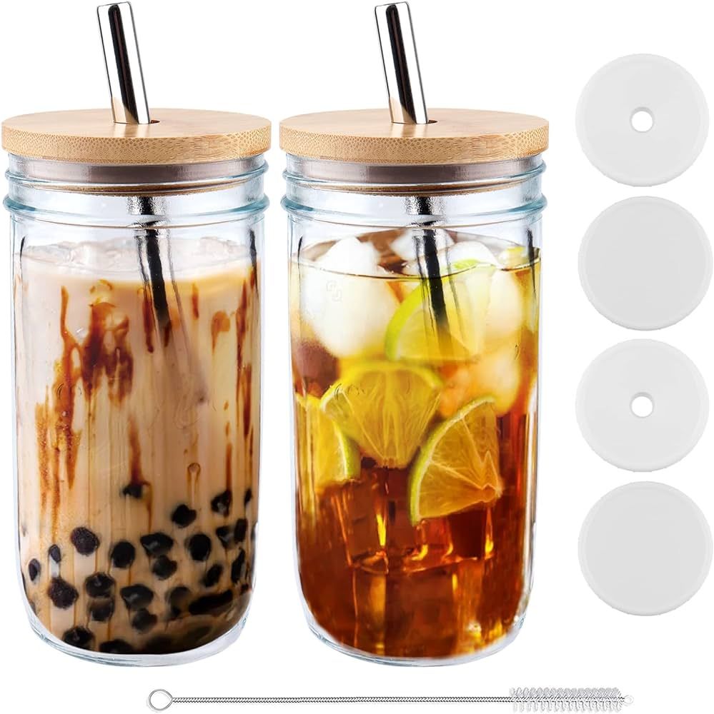 Deitybless 2 Pack Glass Tumbler Cups with Bamboo Lids and Straws,24oz Iced Coffee Cups,Reusable M... | Amazon (US)