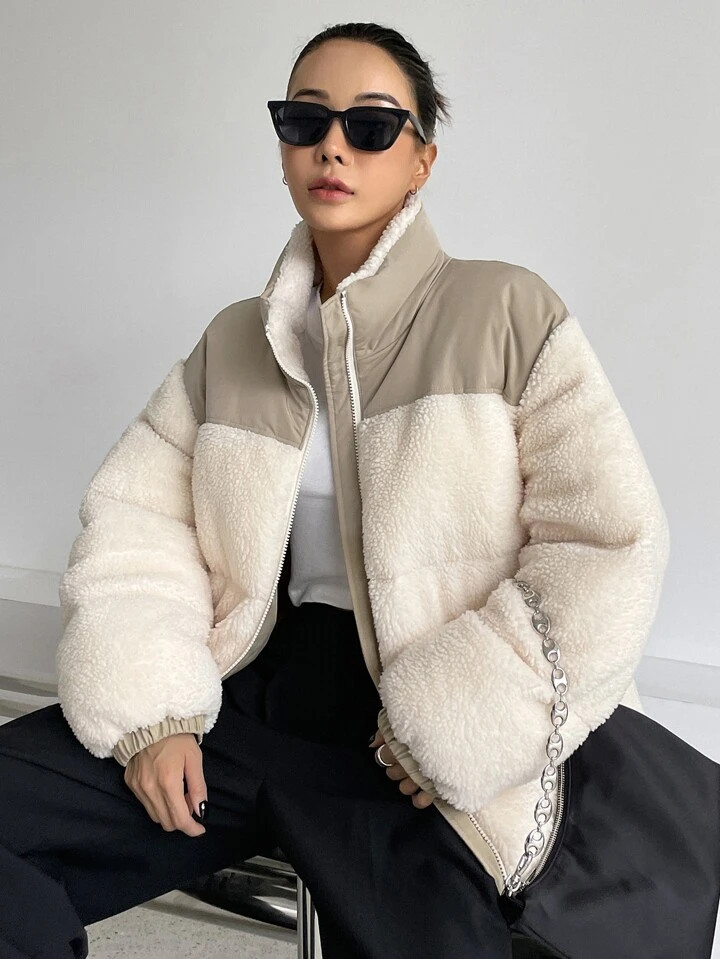 DAZY Colorblock Drop Shoulder Drawstring Hem Teddy Puffer Pockets Coat | SHEIN