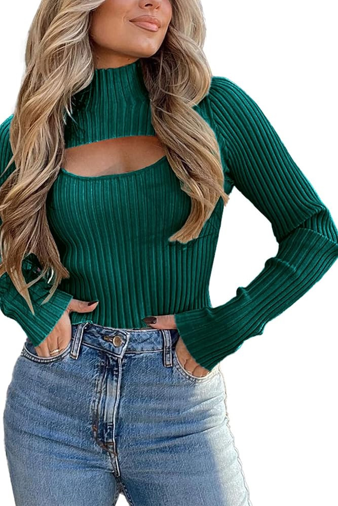 PRETTYGARDEN Women's 2023 Fashion Fall Clothes 2 Piece Cutout Tops Long Sleeve Mock Neck Rib Knit... | Amazon (US)