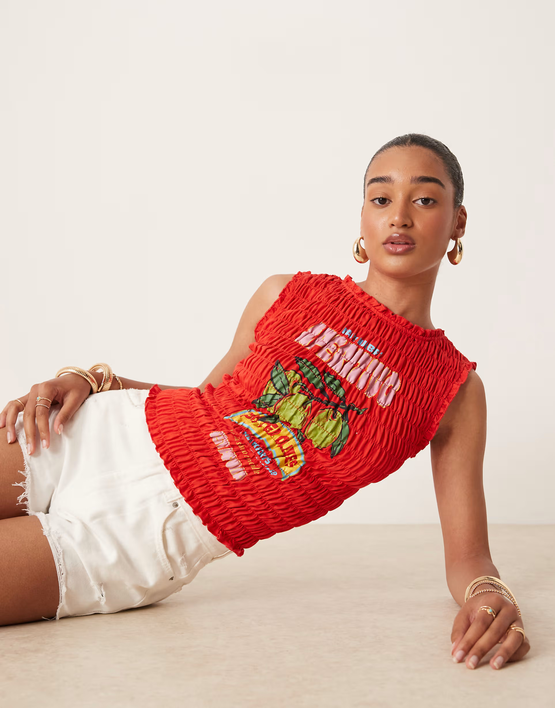 ASOS DESIGN shirred tank top with olive graphic in red | ASOS (Global)