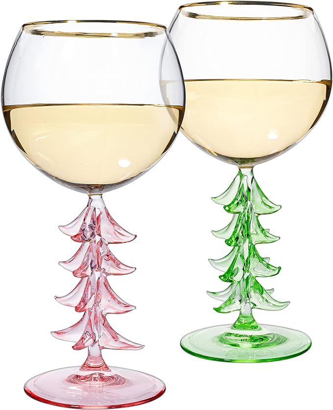 Crystal Christmas Holiday Tree Stemmed Wine Glass - Pink & Green - 12oz Goblet Bordeaux Gold Rim ... | Amazon (US)