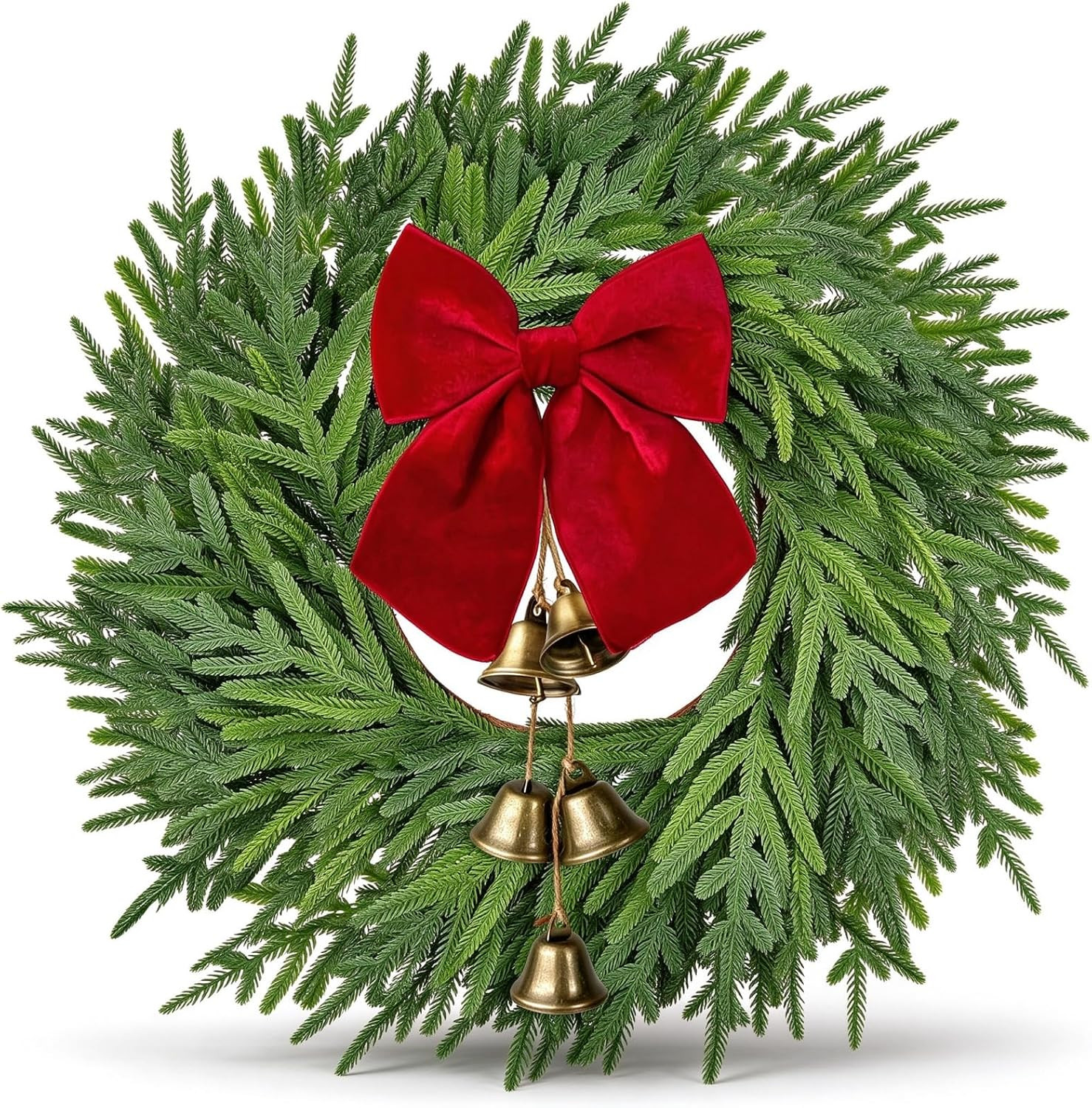 ICX 22" Christmas Norfolk Pine Wreath with Bow & Bells for Front Door Decor | Amazon (US)