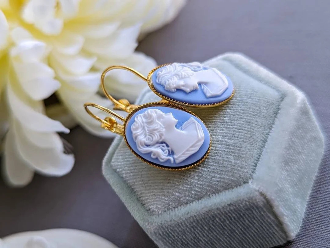 Blue Cameo Earrings, Lever Back Earrings, Lady Cameo, Victorian Era, Romantic Jewelry, Shabby Chi... | Etsy (US)