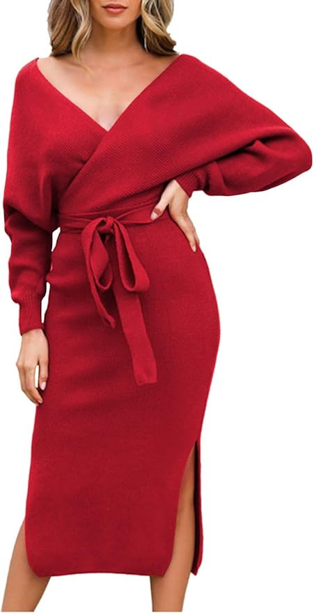 Viottiset Women's V Neck Long Batwing Sleeve Wrap Midi Knit Sweater Dress Elegant Backless with B... | Amazon (US)