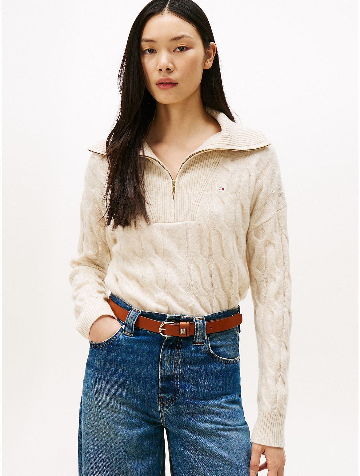 Tommy Hilfiger Women's Cable Knit Quarter-Zip Sweater - Beige - M | Tommy Hilfiger (US)