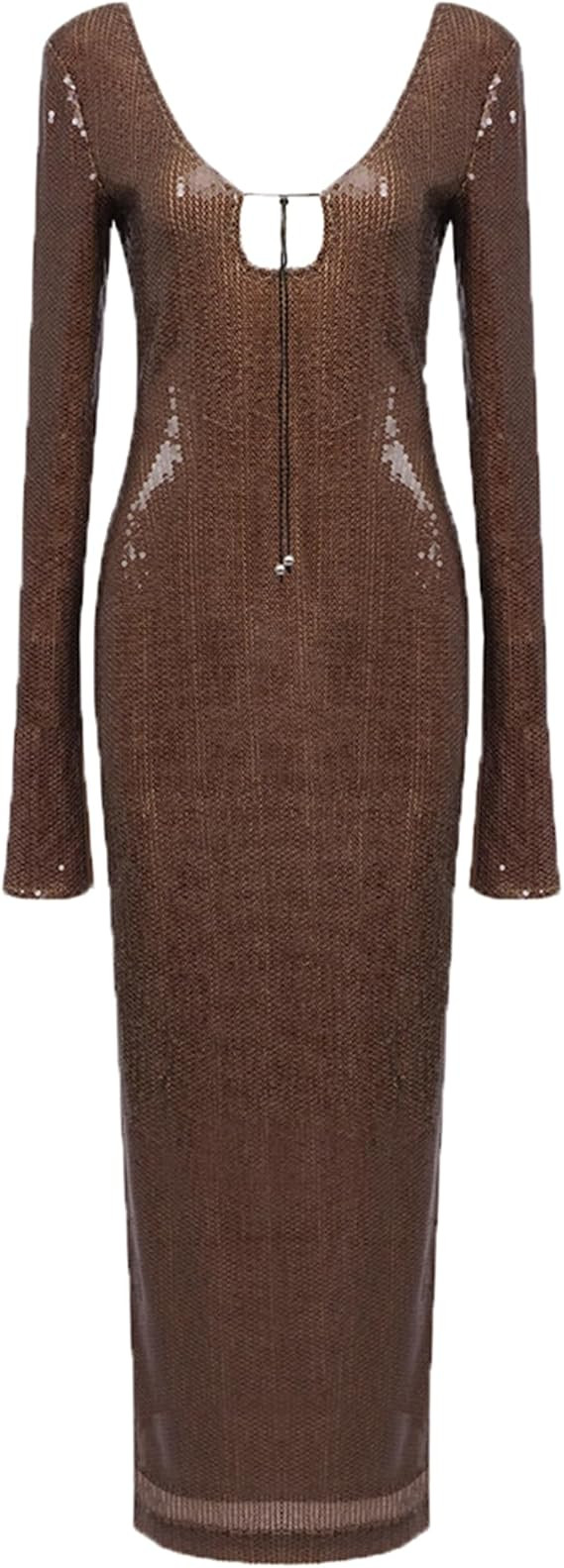 meilun Deep V Dress with Drawstring Long Sleeve Sequin Dress for Women Long Gown | Amazon (US)