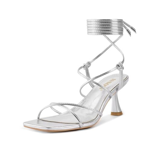 ISNOM Silver Strappy Heels for Women Kitten Heels Sandals Silver Lace Up Heels for Women Tie Up Stiletto Heels Comfortable Heels for Women Sandals Dressy Summer Heel Square Toe Wrap Around Heeled | Amazon (US)