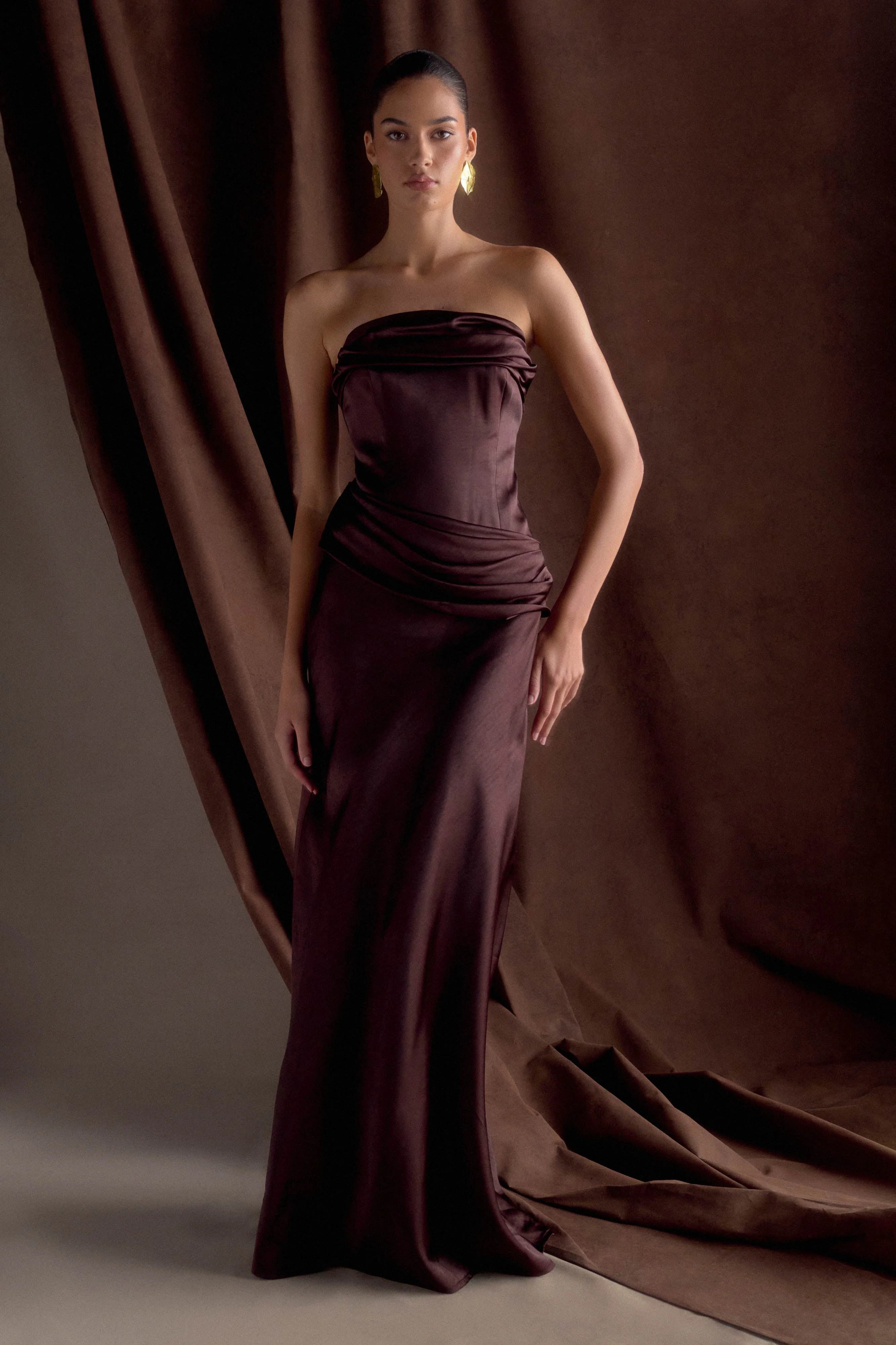 Jasmine Strapless Satin Maxi Dress - Dark Chocolate | MESHKI US