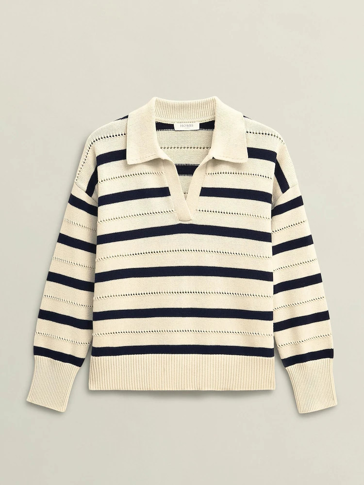 Hobbs Cream Navy Ivory Beauford Cotton Stripe Polo Knitted Jumper | Next US
