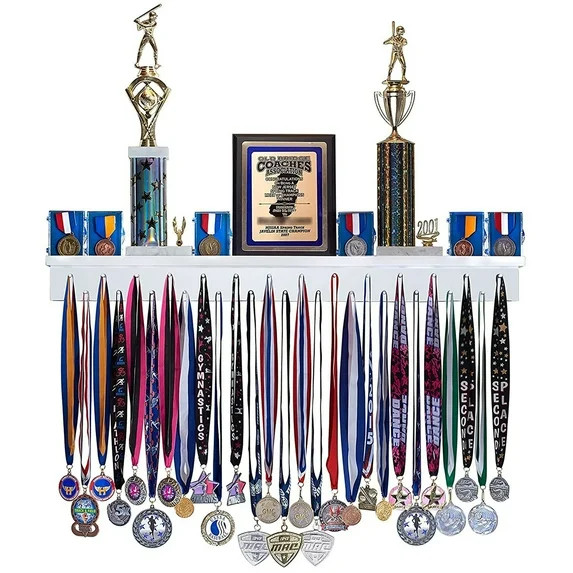 Medal Awards Rack Trophy Shelf and Award Display Rack (36" White) Medal Hanger with Shelf | Walmart (US)