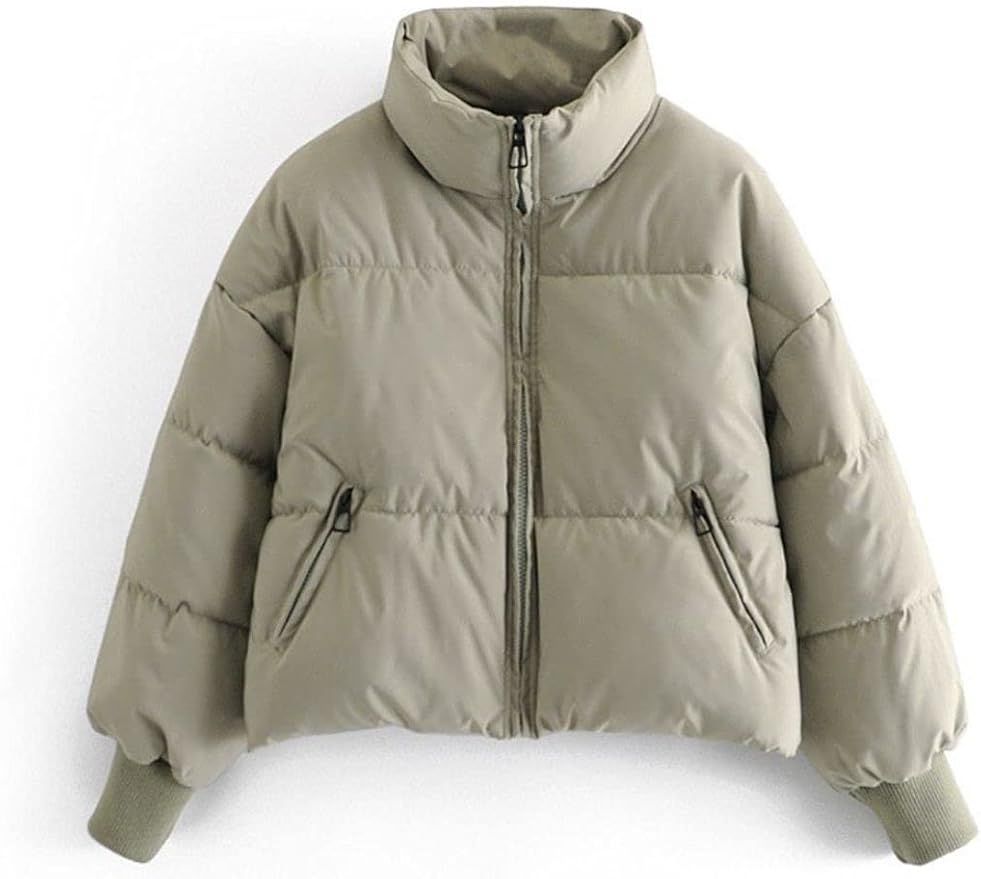 Kwoki Women's Zipper Puffer Jacket Baggy Long Sleeve Stand Collar Winter Short Down Coat | Amazon (US)
