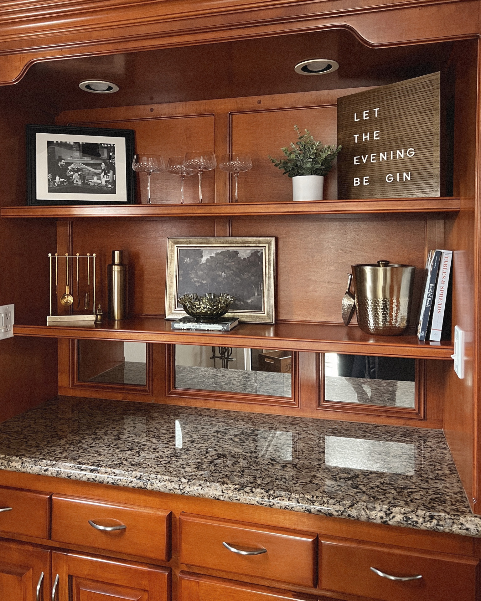Built in, bar styling ideas, home bar decor, styled shelves, brass accents, moody decor, glassware, bar ware, coffee table books, 

#LTKsalealert #LTKhome #LTKfindsunder50