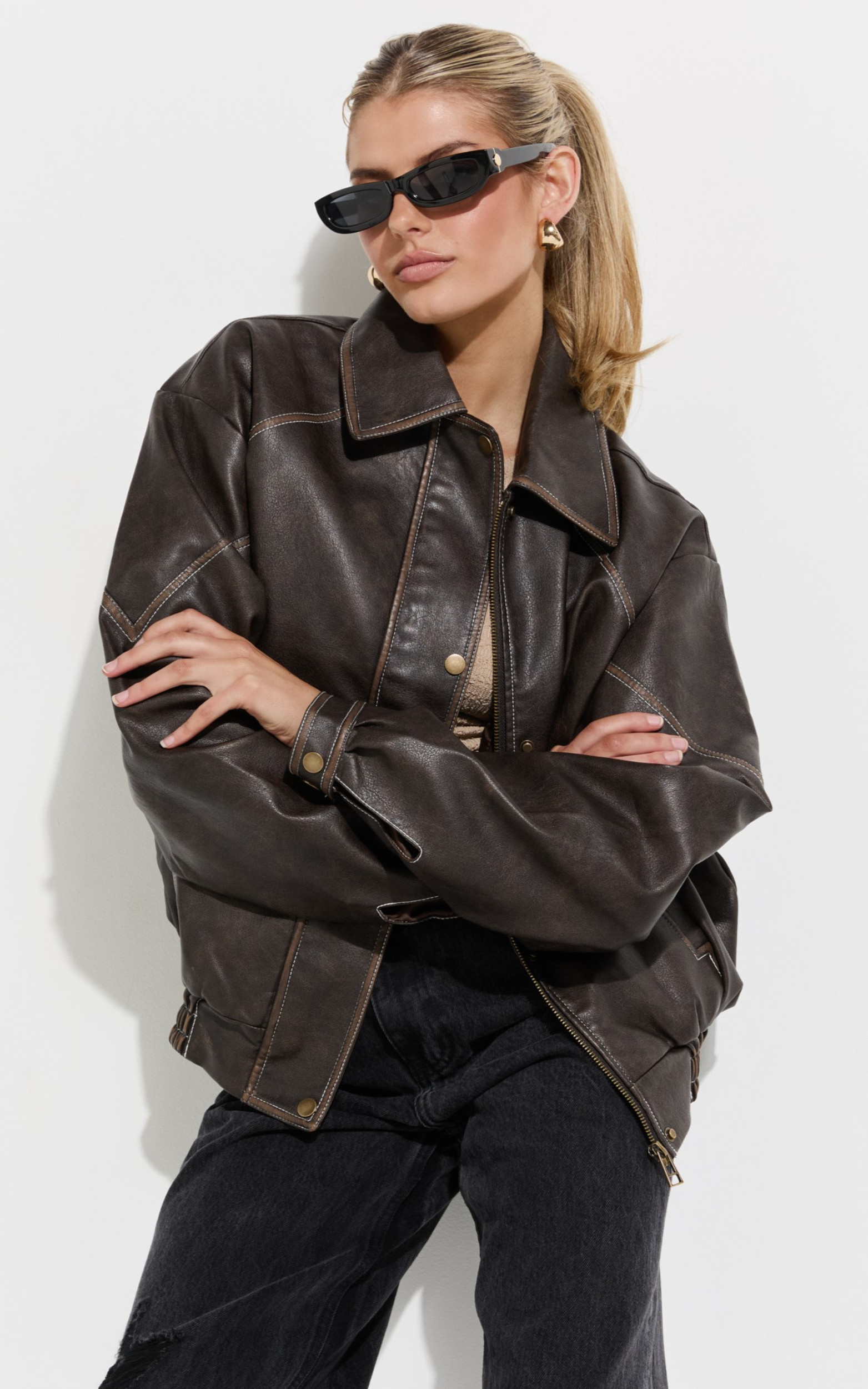 Gail Jacket - Faux Leather Bomber Jacket in Washed Brown | Showpo (ANZ)