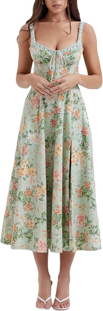 Women Y2k Square Neck Long Dress Low Cut Sleeveless Midi Dress Bustier Lace Trim Spaghetti Strap ... | Amazon (US)