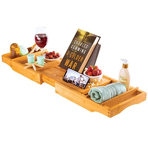 Luxury Bamboo Bathtub Tray Caddy - Expandable and Nonslip Bath Caddy with Book/Tablet and Wine Glass | Amazon (US)