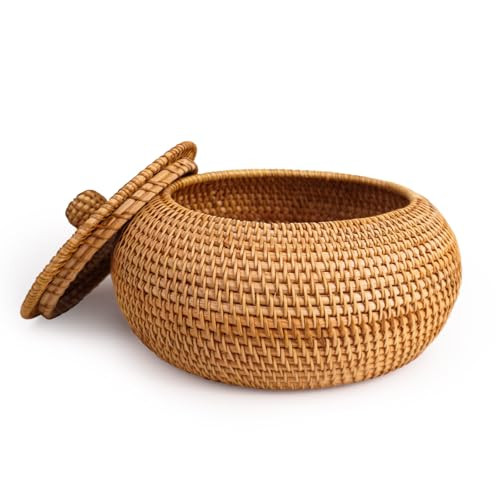 Large Round Rattan Basket Box with Lid Hand-Woven Wicker Basket Bin Multi-Purpose Wicker Tray 10.6 inch Picnic Food Bread Storage Basket (27x15.5cm) | Amazon (US)