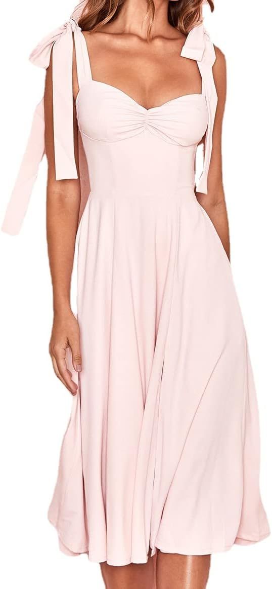 Women Summer Tie Straps Split Midi Dress Wrap Solid Floral Print Sleeveless Ruffle Casual Vintage... | Amazon (US)