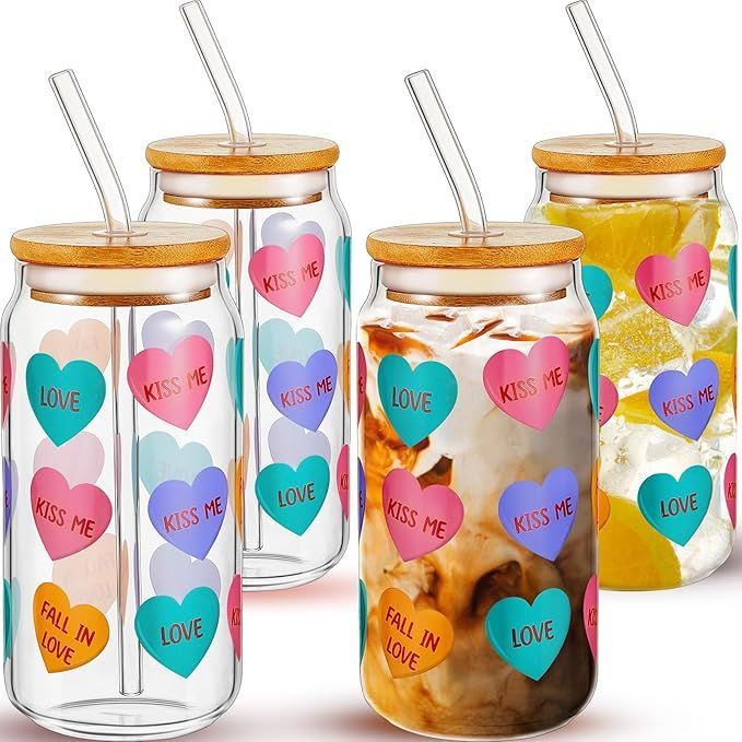 Lallisa 4 Pcs Valentine's Day Glass Cups with Lids and Straws 16 oz Iced Heart Glass Cup Drinking... | Amazon (US)