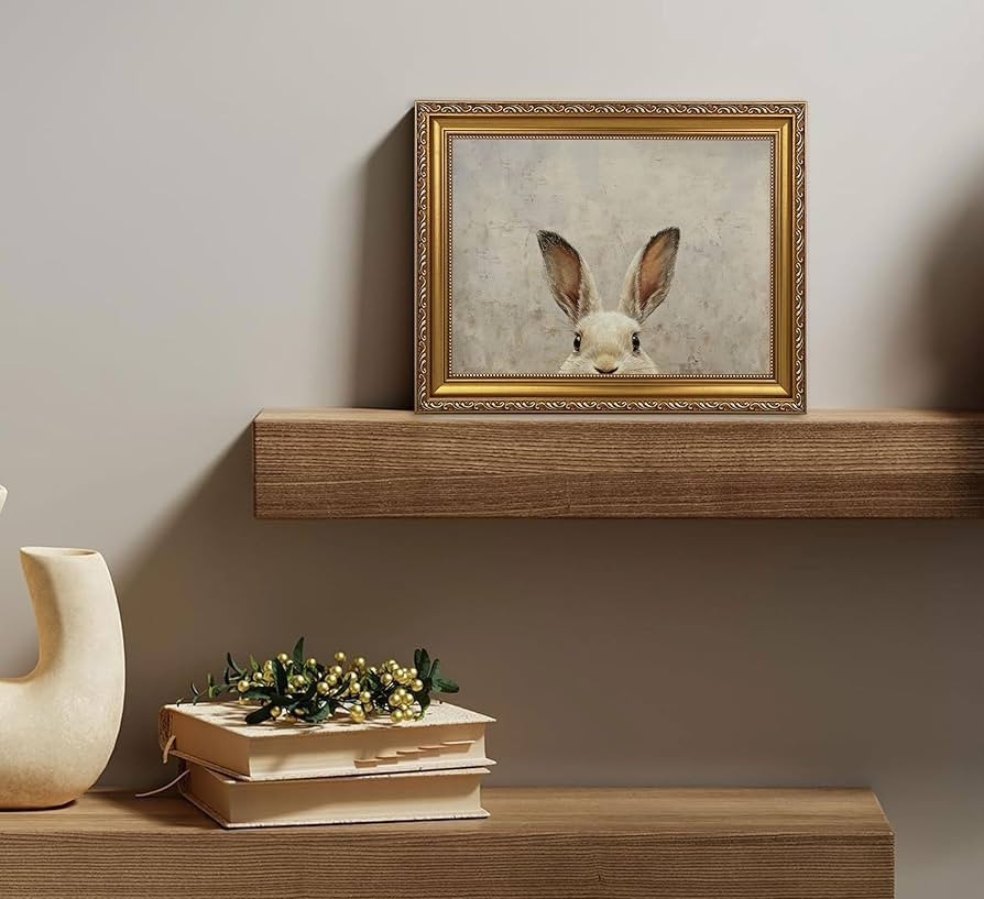 Vintage Gold Framed Easter Bunny Wall Art - Rustic Neutral Rabbit Canvas Prints, Framed Cottageco... | Amazon (US)