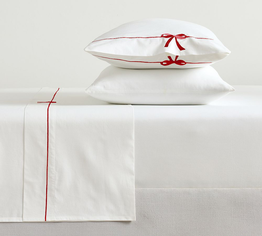 Monique Lhuillier Nell Embriodered Bow Sheet Set, White, Cal. King | Pottery Barn (US)