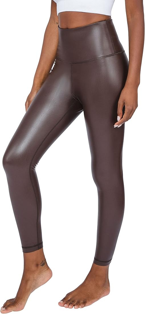 90 Degree By Reflex Super High Waist High Shine Faux Leather Fleece Lined Elastic Free Ankle Legg... | Amazon (US)