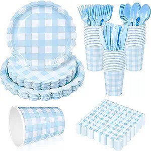 175Pcs Gingham Party Supplies for 25 Guests Scalloped Plates and Napkins set Blue and White Paper... | Amazon (US)
