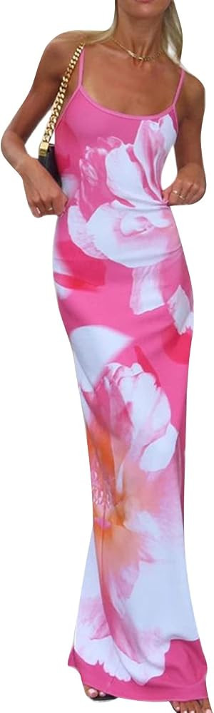 Women Y2k Floral Long Dress Flowers Spaghetti Strap Maxi Dress Backless Bodycon Slip Dress Sundre... | Amazon (US)