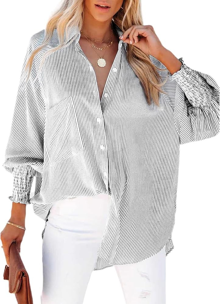 SELINK Women's Smocked Cuffed Striped Boyfriend Shirt Casual Long Sleeve Button Down Collar Blouse T | Amazon (US)