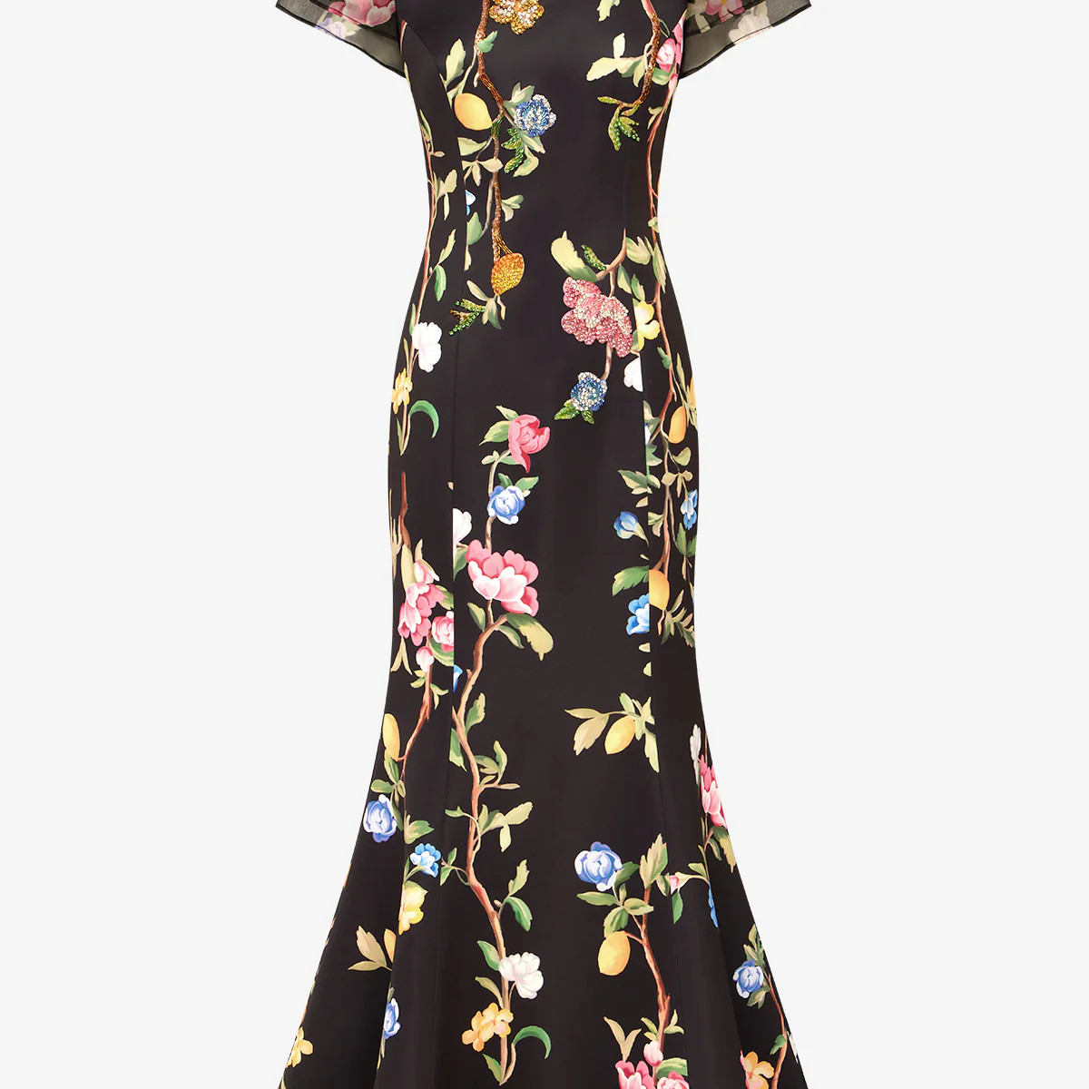 Sofia Embellished Puff Sleeve Maxi Dress - Lemon Vine Print in Ebony | LEO LIN US