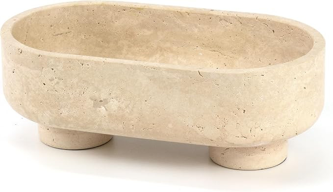 Natural Oval Travertine Stone Fruit Bowl for Kitchen Counter | Two-Legged Decorative Pedestal Bow... | Amazon (US)