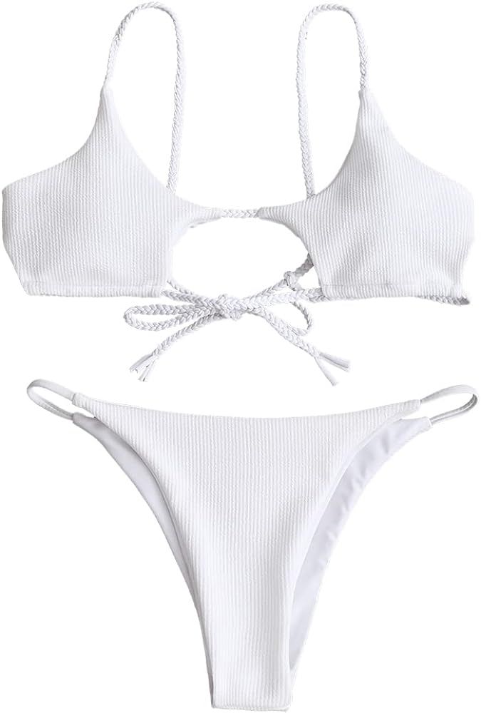 ZAFUL Women's Ribbed Cut Out Bikini Set String Swimwear Sexy Brazilian Thong Bikini Two Piece Swimsu | Amazon (US)