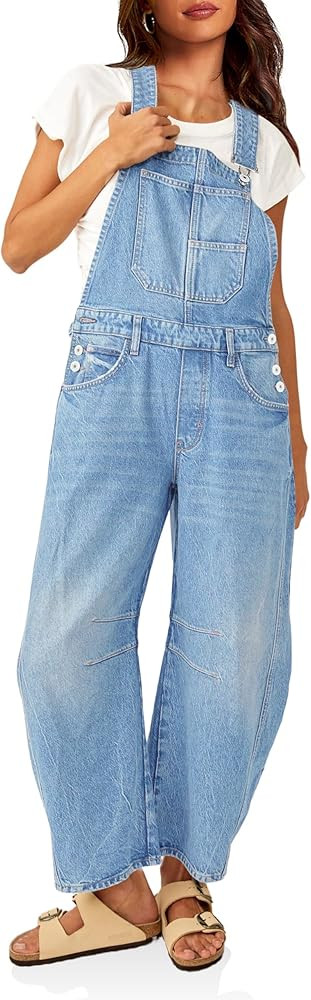 PLNOTME Womens Denim Bib Overalls Barrel Leg Adjustable Strap Jean Pants Jumpsuits with Pockets | Amazon (US)