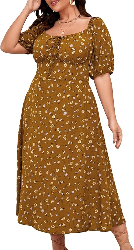 Floerns Women's Plus Size Floral Print Tie Front Square Neck Slit Hem Midi Dress | Amazon (US)