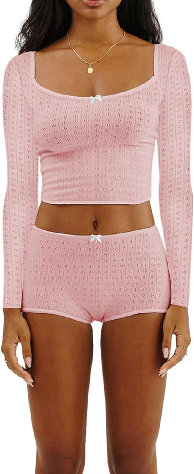 FULA-bao Cute Pajama Sets for Women 2 Piece Outfit Ribbed Knit Long Sleeve Top and Shorts Lounge ... | Amazon (US)