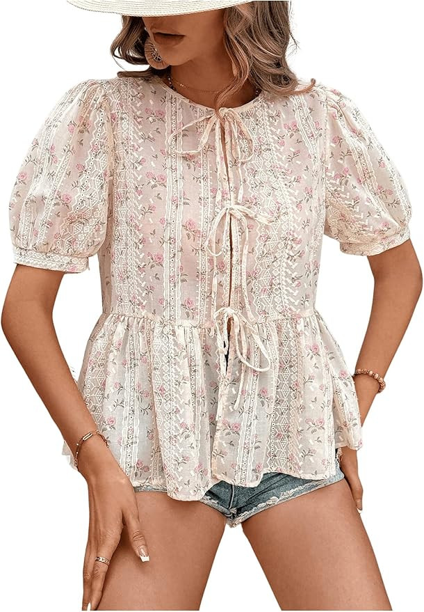 WDIRARA Women's Floral Print Bow Tie Front Blouse Puff Short Sleeve Round Neck Peplum Babydoll Sh... | Amazon (US)