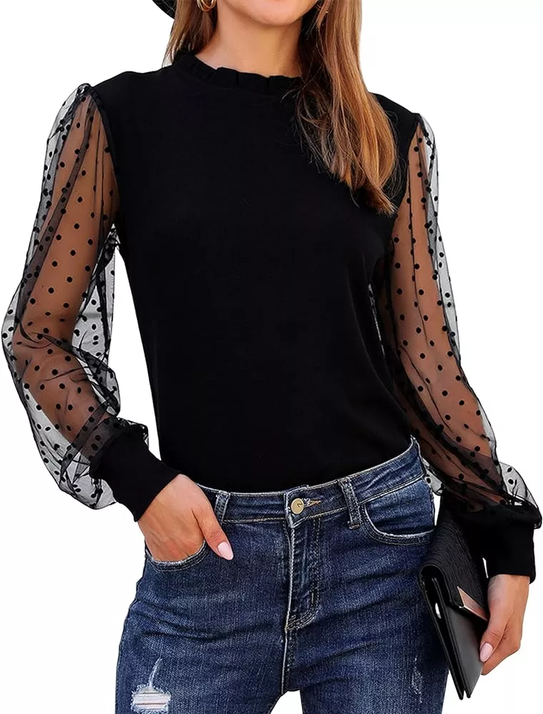 SweatyRocks Women's Mock Neck Long Sleeve Mesh Insert Elegant Blouse Tops