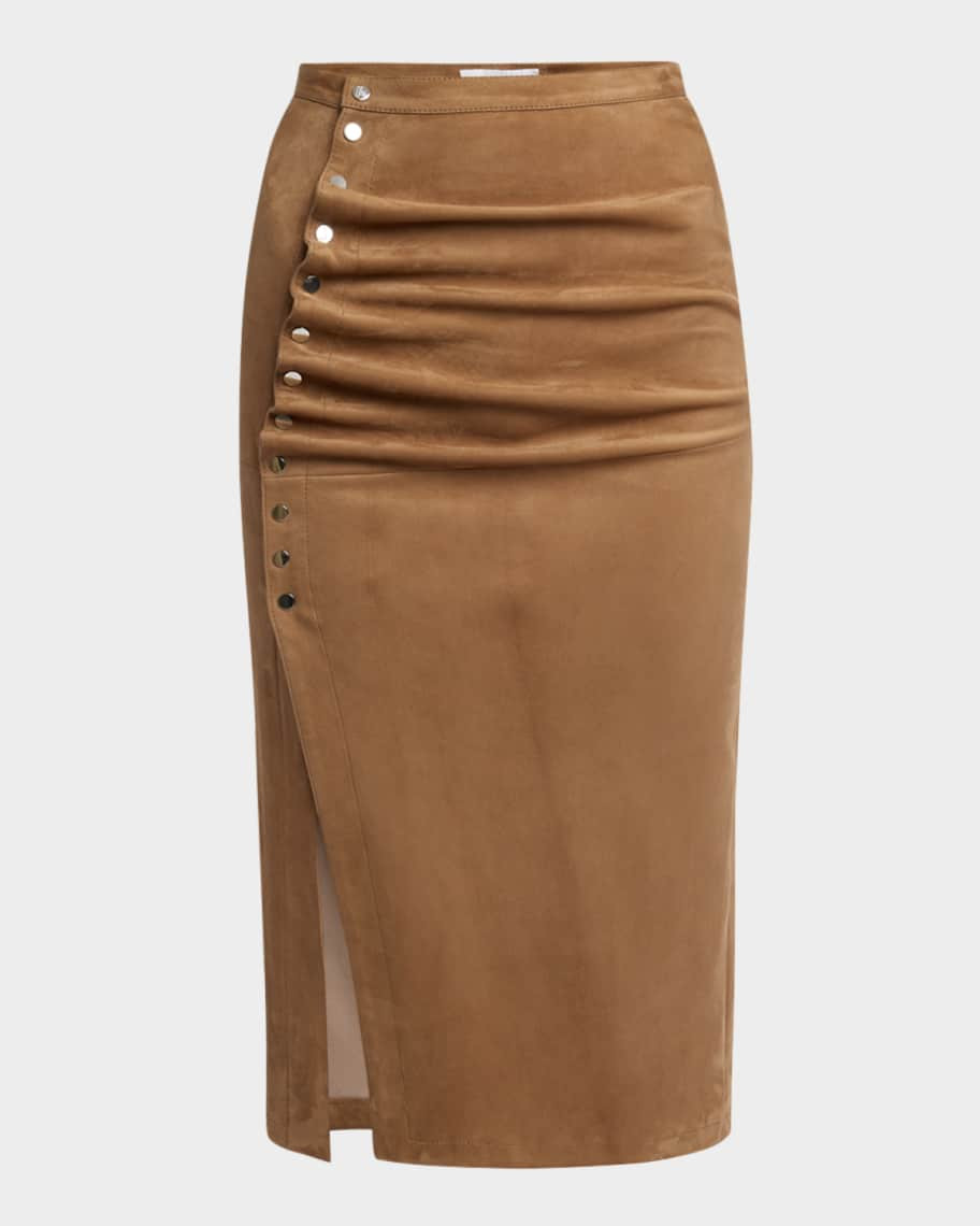 Rabanne Asymmetric Suede Midi Skirt | Neiman Marcus