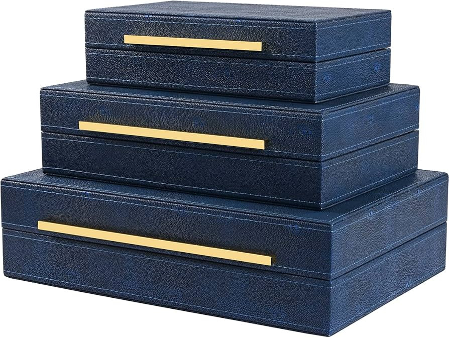 XIGEXIGE Navy Blue Shagreen Decor Storage Boxes Faux Leather Set of 3 Decorative Boxes, Large Mod... | Amazon (US)