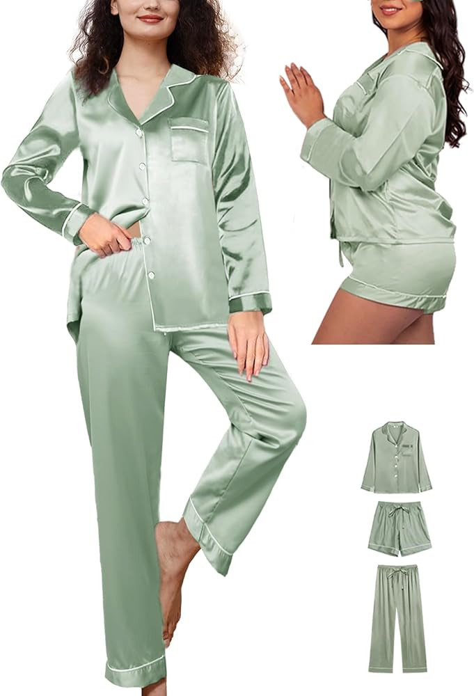 Womens 3Pcs Silk Satin Pajama Sets Silky Pajamas Set With Shorts Stripe Pj Sets XS-XXL Sleepwear ... | Amazon (US)