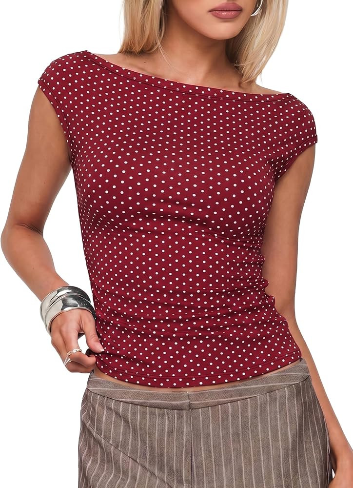 EMMIOL Off Shoulder Tops for Women Cute Sleeveless Polka Dot Shirts Ruched Sexy Going Out Tank To... | Amazon (US)