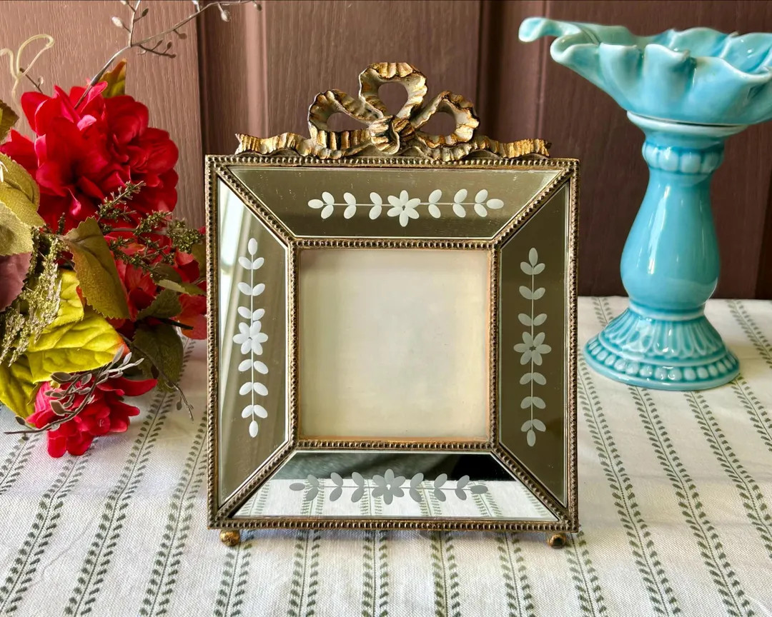 Vintage French Venetian Etched Mirror Frame | Gilded Ribbon Bow Top | 6x8 Ornate Gold Resin Pictu... | Etsy (US)