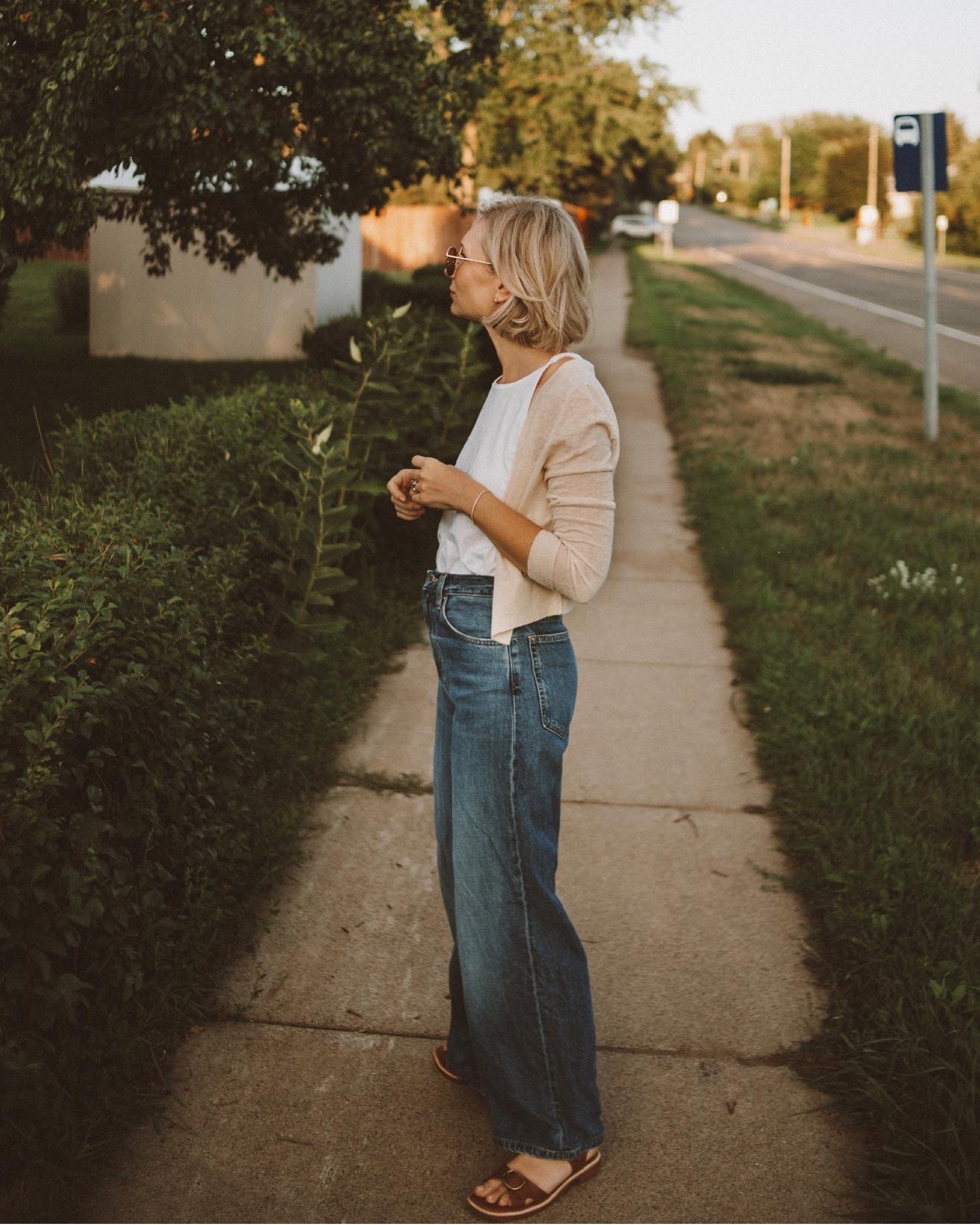My ideal early fall outfit! This little cardigan is perfect for layering and these jeans are the comfiest wide leg jeans. I love the baggy fit! Wearing a small in the cardigan and a 26 in the jeans. My sandals are on sale! Wearing TTS

#LTKSeasonal