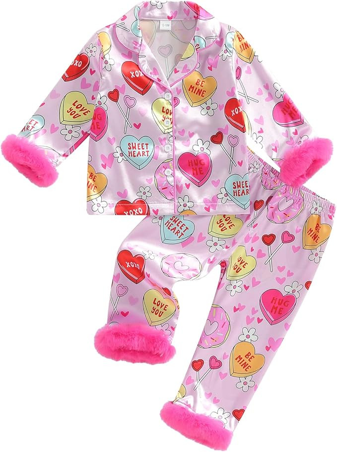 Kuriozud Kids Toddler Girl Satin Pajamas Fuzzy Trim Long Sleeve Button Down Shirt Top and Pants 2... | Amazon (US)