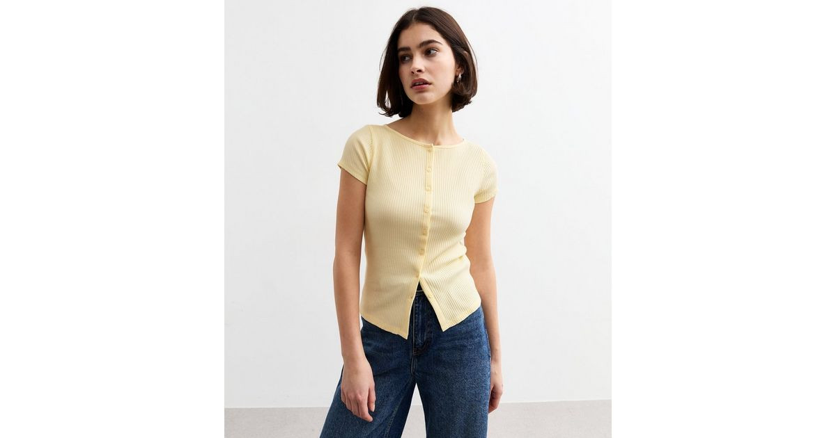 Light Yellow Cap Sleeve Buttoned Rib T-Shirt
						
						Add to Saved Items
						Remove from Sa... | New Look (UK)