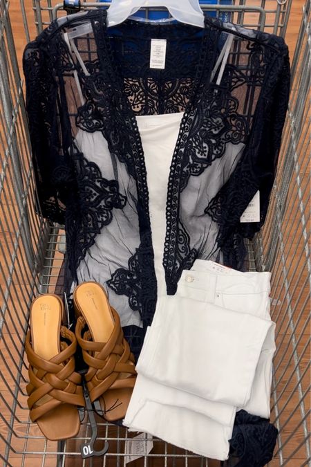Love this lace duster cardigan at Walmart! Four colors. I got the S/M. Jeans fit tts, I’m a 6. Shoes fit tts, I got the 10 (normally a 9.5) and they fit well; would get a 9.5 if they had it. Cami I got the XL, needed a Large. (Juniors sizing, didn’t want it super tight). #walmartfashion 

#LTKstyletip #LTKunder50