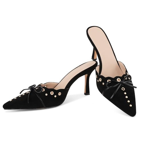 SaraIris Women's Black High Heel Mules Pointed Toe Studded Sling Back Bow Heels Size 10 | Amazon (US)