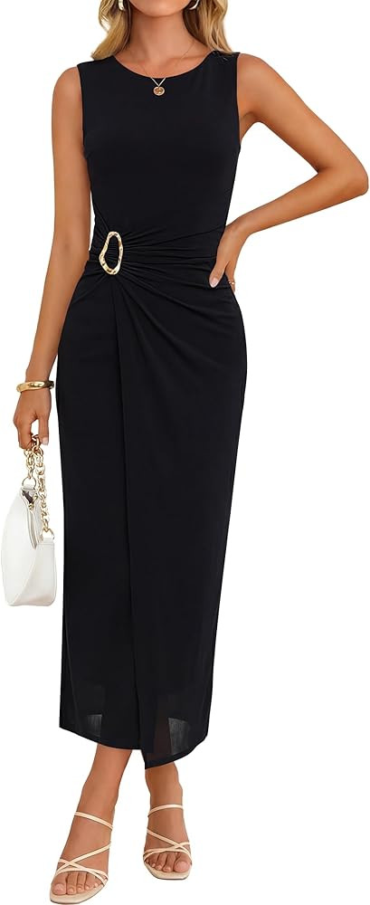 ZESICA Women's 2026 Summer Floral Bodycon Midi Dress Sleeveless Crewneck Mesh Ruched Wedding Gues... | Amazon (US)